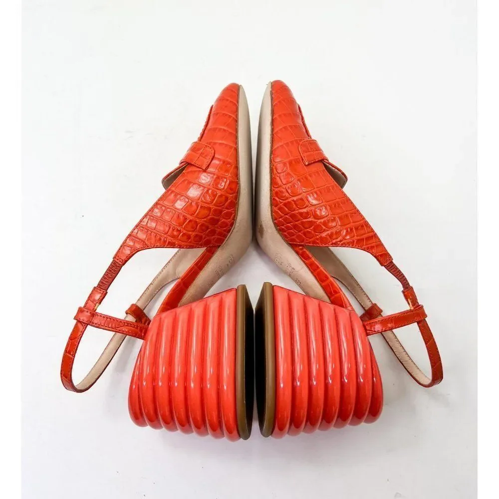 FENDI Orange Rust Runway Croc Effect FF Logo Buckle Slingback Pumps Size… - Picture 10 of 16